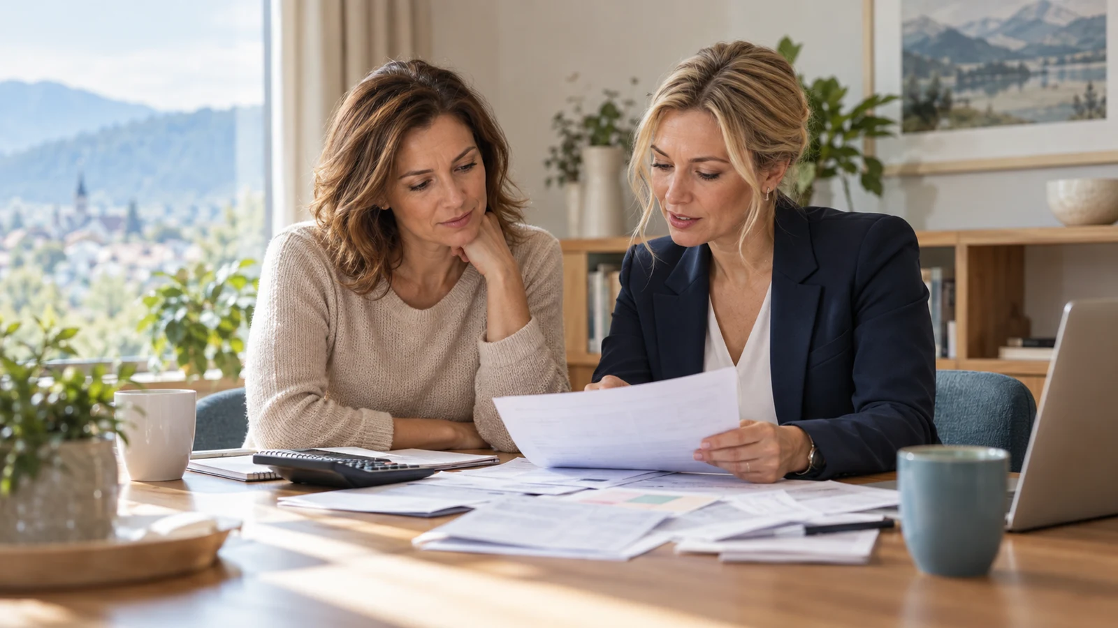 Posameznica s svetovalko pregleduje osebne račune in finančno dokumentacijo.
